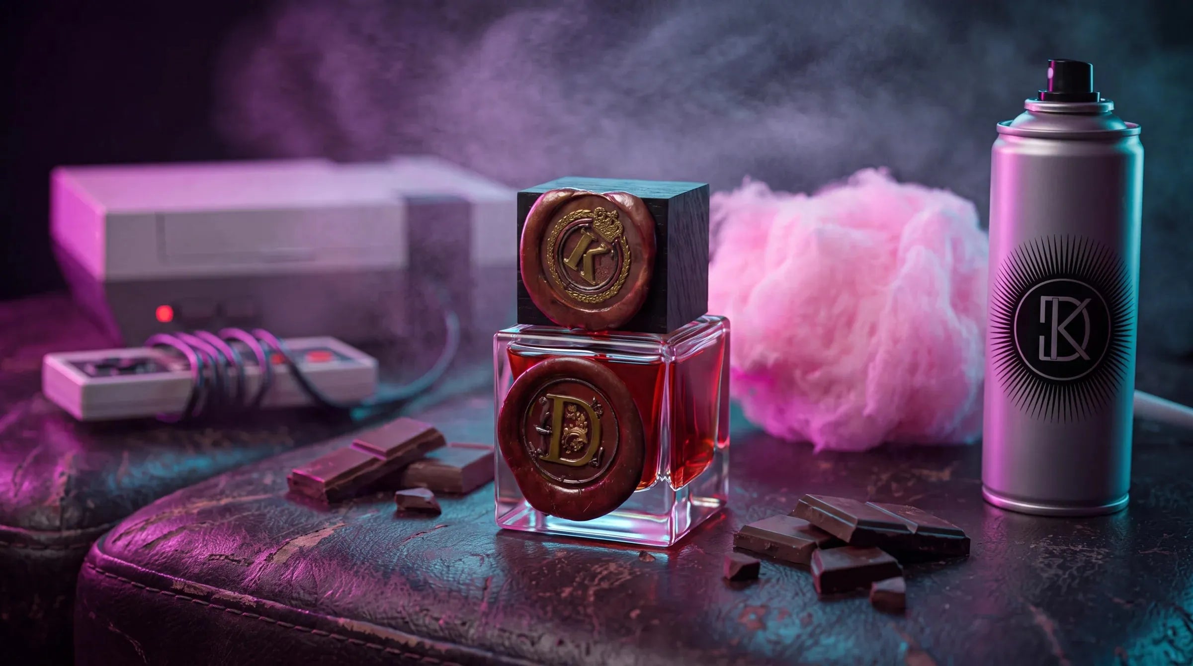 Digital Chocolate — Retro-Konsole, Schokolade, Zuckerwatte, Haarspray mit DK-Siegel und der versiegelte Flakon im Neonlicht